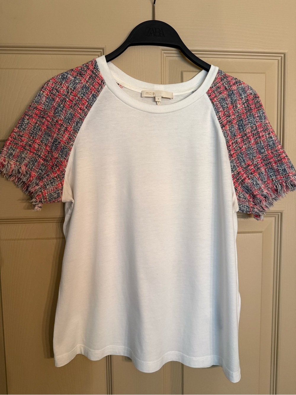Maje made in France - White Tee with red, blue and white Tweed Raglan Sleeves